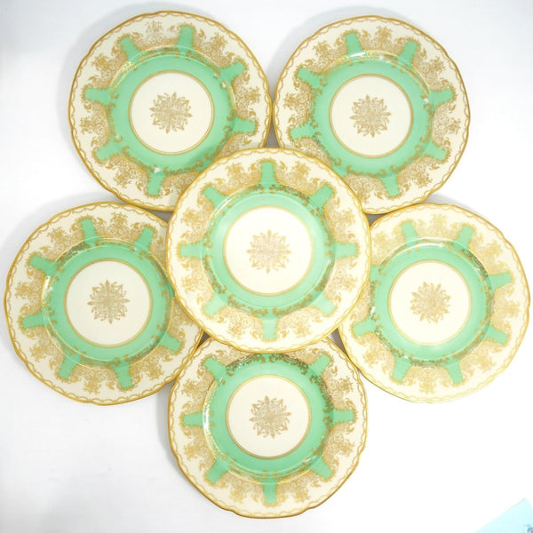 Royal Bavarian Hutschenreuther 1920s Art Deco Antique Dinner Plates For China Cabinet Royal Bavarian Hutschenreuther 22kt Celadon Green & Gold Sage Green Plates China Set - China Cabinet Plate Set ClassyTea