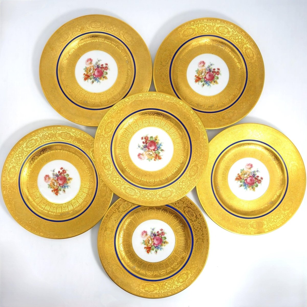 Royal Bavarian Hutschenreuther 1920s Art Deco Antique Dinner Plates For China Cabinet - Royal Bavarian Hutschenreuther 22kt Cobalt Blue & Gold Floral Plates China Set - China Cabinet Plate Set ClassyTea
