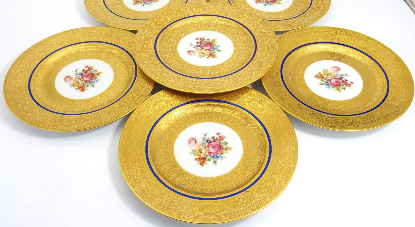 Royal Bavarian Hutschenreuther 1920s Art Deco Antique Dinner Plates For China Cabinet - Royal Bavarian Hutschenreuther 22kt Cobalt Blue & Gold Floral Plates China Set - China Cabinet Plate Set ClassyTea