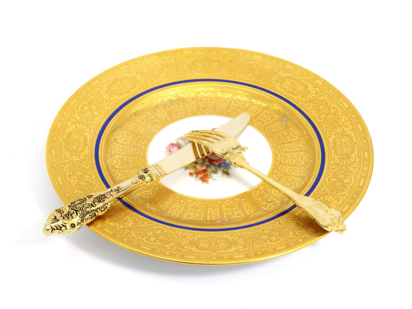 Royal Bavarian Hutschenreuther 1920s Art Deco Antique Dinner Plates For China Cabinet - Royal Bavarian Hutschenreuther 22kt Cobalt Blue & Gold Floral Plates China Set - China Cabinet Plate Set ClassyTea