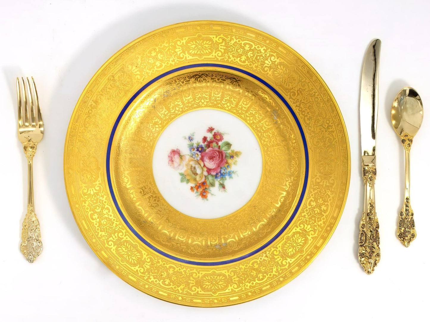 Royal Bavarian Hutschenreuther 1920s Art Deco Antique Dinner Plates For China Cabinet - Royal Bavarian Hutschenreuther 22kt Cobalt Blue & Gold Floral Plates China Set - China Cabinet Plate Set ClassyTea