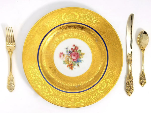 Royal Bavarian Hutschenreuther 1920s Art Deco Antique Dinner Plates For China Cabinet - Royal Bavarian Hutschenreuther 22kt Cobalt Blue & Gold Floral Plates China Set - China Cabinet Plate Set ClassyTea