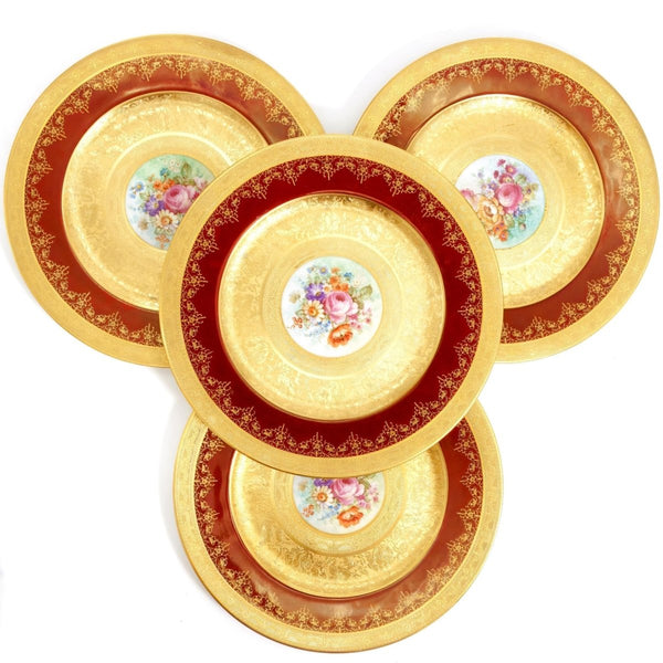 Royal Bavarian Hutschenreuther 1920s Art Deco Antique Dinner Plates For China Cabinet - Royal Bavarian Hutschenreuther 24kt Burgundy Red & Gold Floral Plates China Set - China Cabinet Plate Set ClassyTea