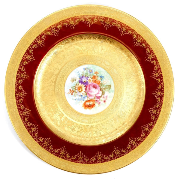 Royal Bavarian Hutschenreuther 1920s Art Deco Antique Dinner Plates For China Cabinet - Royal Bavarian Hutschenreuther 24kt Burgundy Red & Gold Floral Plates China Set - China Cabinet Plate Set ClassyTea