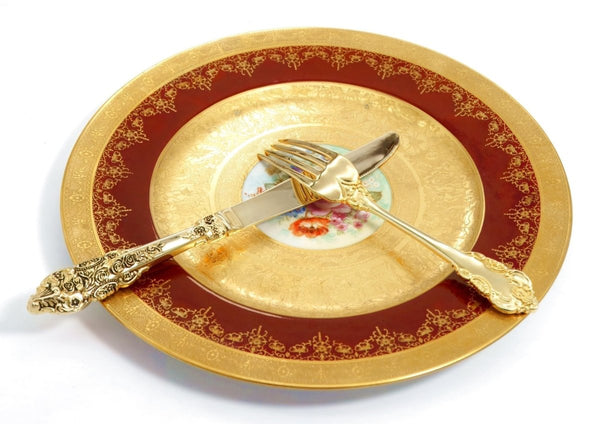 Royal Bavarian Hutschenreuther 1920s Art Deco Antique Dinner Plates For China Cabinet - Royal Bavarian Hutschenreuther 24kt Burgundy Red & Gold Floral Plates China Set - China Cabinet Plate Set ClassyTea