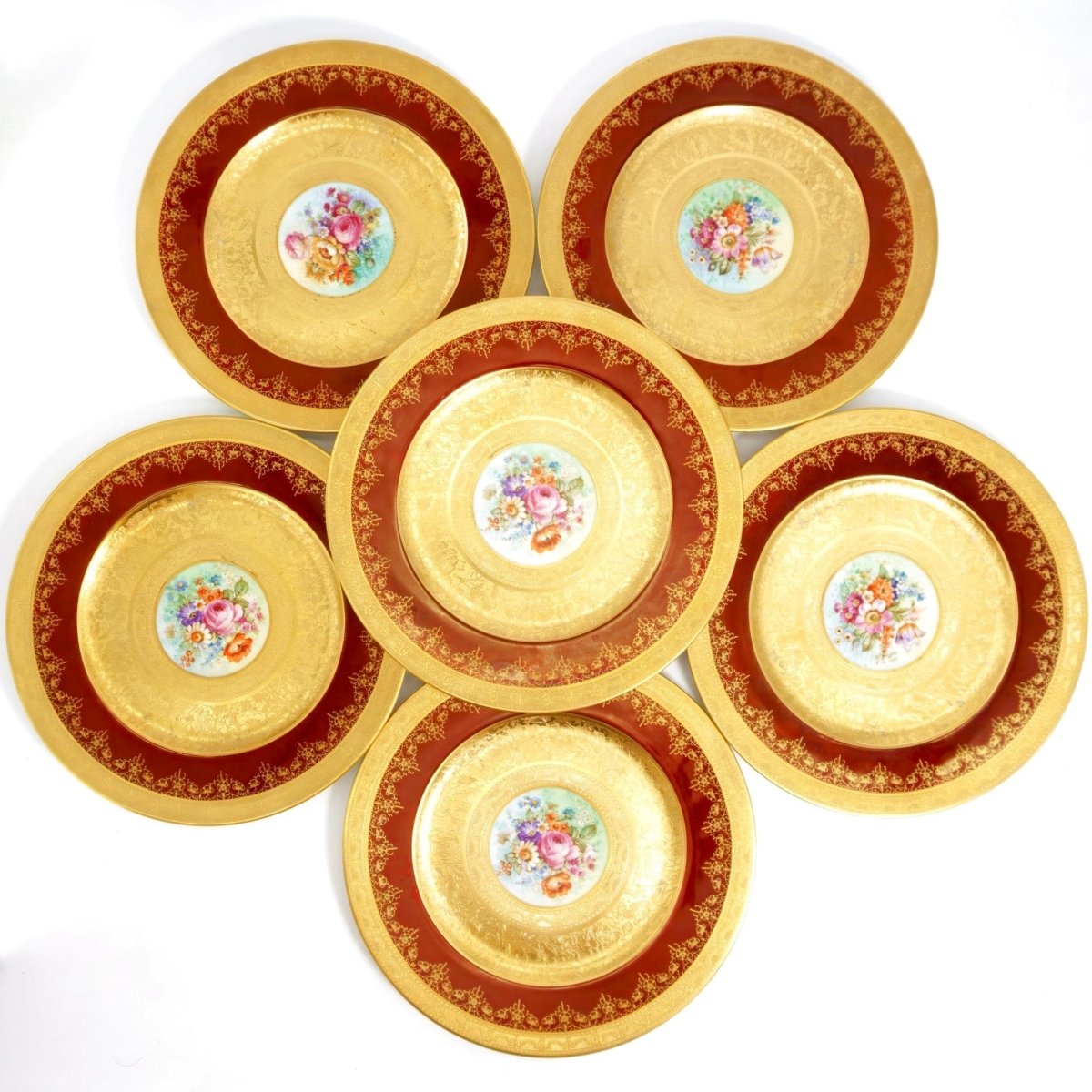 Royal Bavarian Hutschenreuther 1920s Art Deco Antique Dinner Plates For China Cabinet - Royal Bavarian Hutschenreuther 24kt Burgundy Red & Gold Floral Plates China Set - China Cabinet Plate Set ClassyTea
