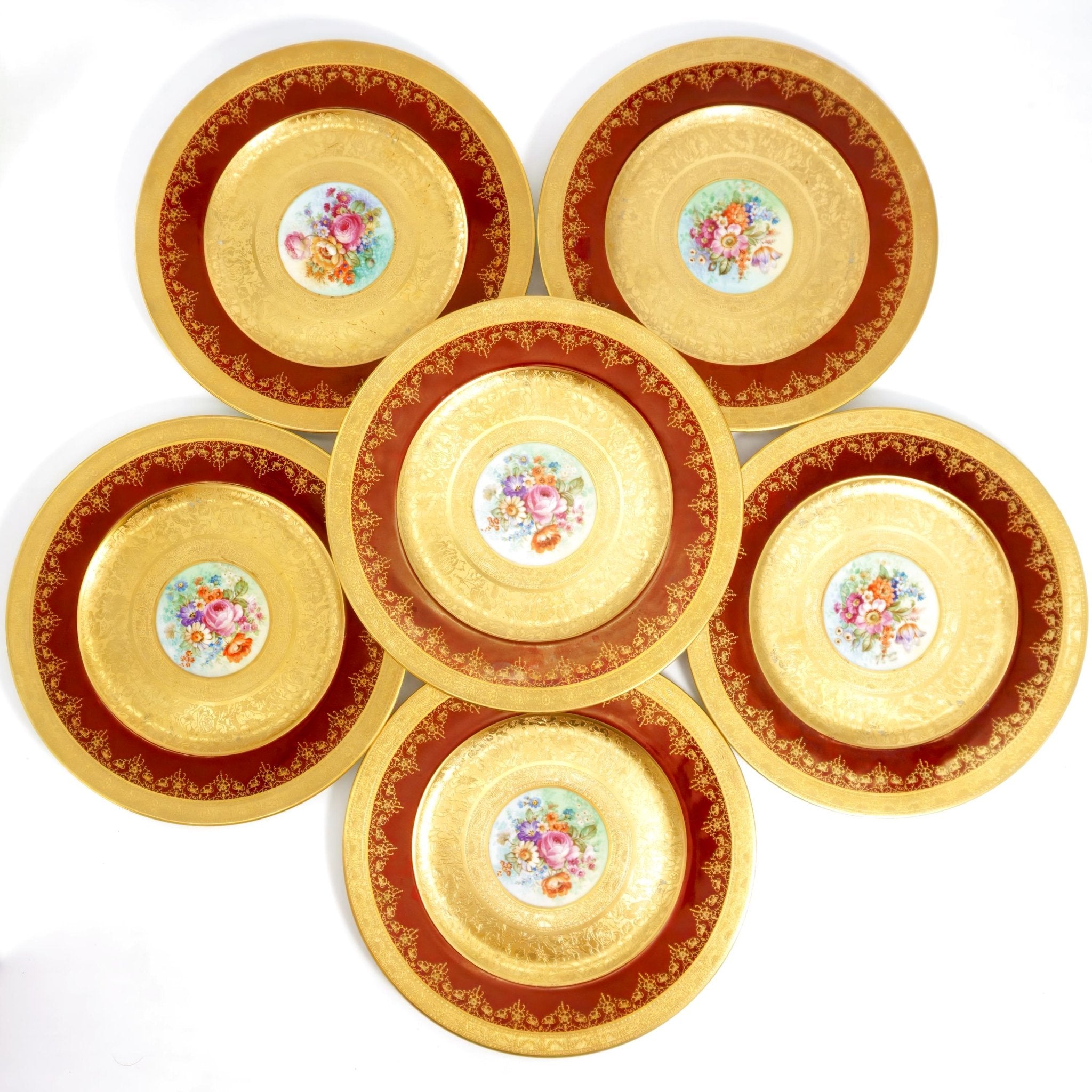 Royal Bavarian Hutschenreuther 1920s Art Deco Antique Dinner Plates For China Cabinet - Royal Bavarian Hutschenreuther 24kt Burgundy Red & Gold Floral Plates China Set - China Cabinet Plate Set ClassyTea