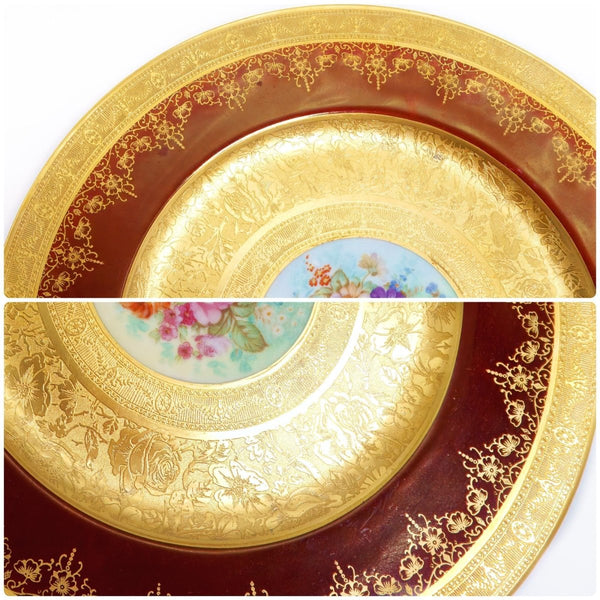 Royal Bavarian Hutschenreuther 1920s Art Deco Antique Dinner Plates For China Cabinet - Royal Bavarian Hutschenreuther 24kt Burgundy Red & Gold Floral Plates China Set - China Cabinet Plate Set ClassyTea