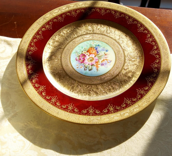 Royal Bavarian Hutschenreuther 1920s Art Deco Antique Dinner Plates For China Cabinet - Royal Bavarian Hutschenreuther 24kt Burgundy Red & Gold Floral Plates China Set - China Cabinet Plate Set ClassyTea