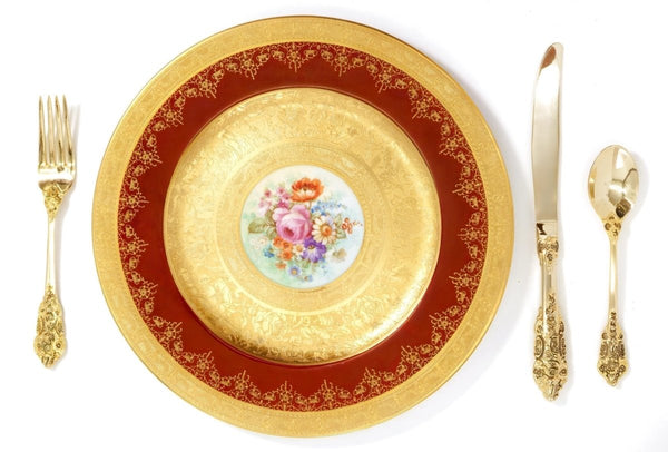 Royal Bavarian Hutschenreuther 1920s Art Deco Antique Dinner Plates For China Cabinet - Royal Bavarian Hutschenreuther 24kt Burgundy Red & Gold Floral Plates China Set - China Cabinet Plate Set ClassyTea