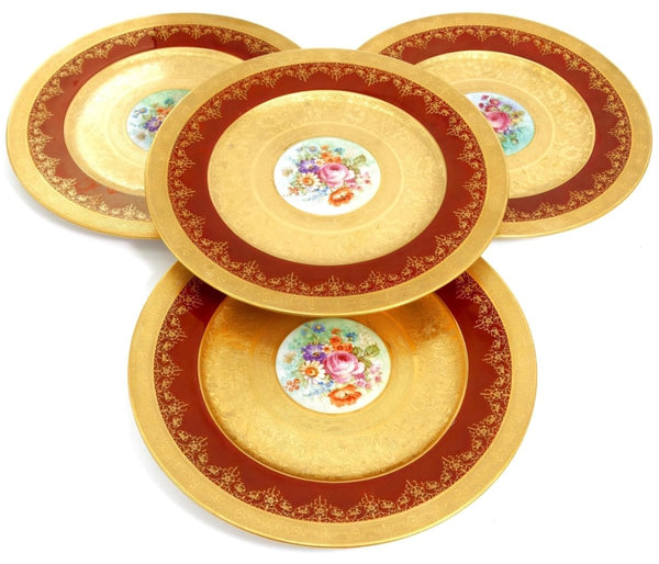 Royal Bavarian Hutschenreuther 1920s Art Deco Antique Dinner Plates For China Cabinet - Royal Bavarian Hutschenreuther 24kt Burgundy Red & Gold Floral Plates China Set - China Cabinet Plate Set ClassyTea