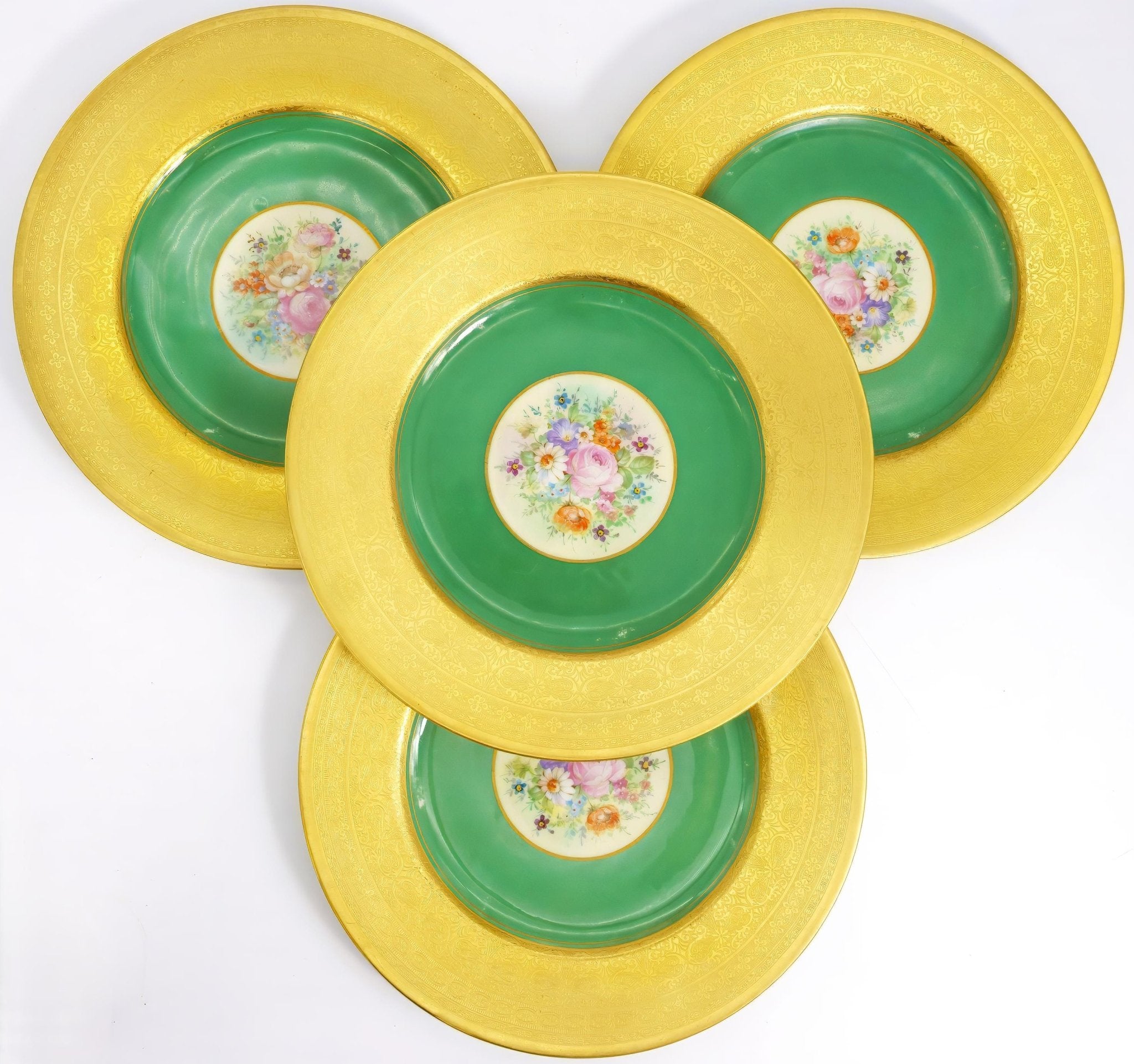 Royal Bavarian Hutschenreuther 1920s Art Deco Antique Dinner Plates For China Cabinet - Royal Bavarian Hutschenreuther 24kt Forest Green & Gold Floral Plates China Set - China Cabinet Plate Set ClassyTea