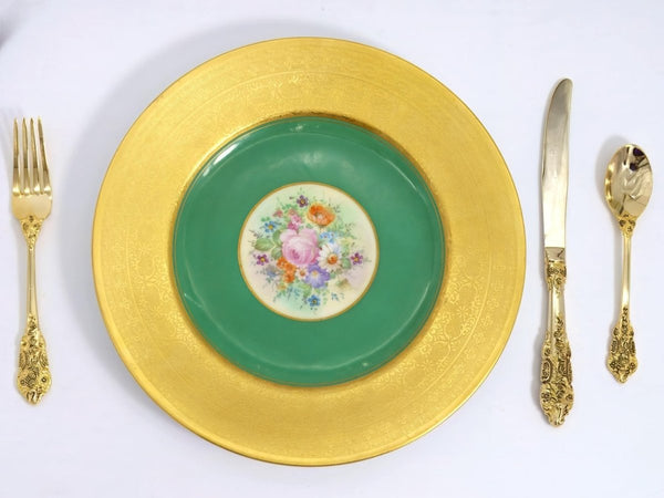 Royal Bavarian Hutschenreuther 1920s Art Deco Antique Dinner Plates For China Cabinet - Royal Bavarian Hutschenreuther 24kt Forest Green & Gold Floral Plates China Set - China Cabinet Plate Set ClassyTea