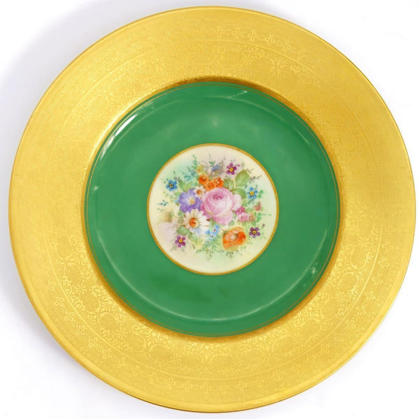 Royal Bavarian Hutschenreuther 1920s Art Deco Antique Dinner Plates For China Cabinet - Royal Bavarian Hutschenreuther 24kt Forest Green & Gold Floral Plates China Set - China Cabinet Plate Set ClassyTea