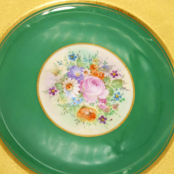 Royal Bavarian Hutschenreuther 1920s Art Deco Antique Dinner Plates For China Cabinet - Royal Bavarian Hutschenreuther 24kt Forest Green & Gold Floral Plates China Set - China Cabinet Plate Set ClassyTea