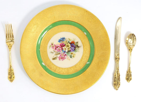 Royal Bavarian Hutschenreuther 1930s Art Nouveau Antique Dinner Plates for China Cabinet | Art Deco Hutschenreuther Selb Bavarian Green & Gold 22kt Antique China Set for 5 - China Cabinet Plate Set ClassyTea