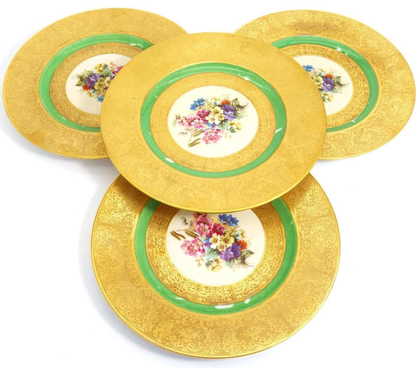 Royal Bavarian Hutschenreuther 1930s Art Nouveau Antique Dinner Plates for China Cabinet | Art Deco Hutschenreuther Selb Bavarian Green & Gold 22kt Antique China Set for 5 - China Cabinet Plate Set ClassyTea