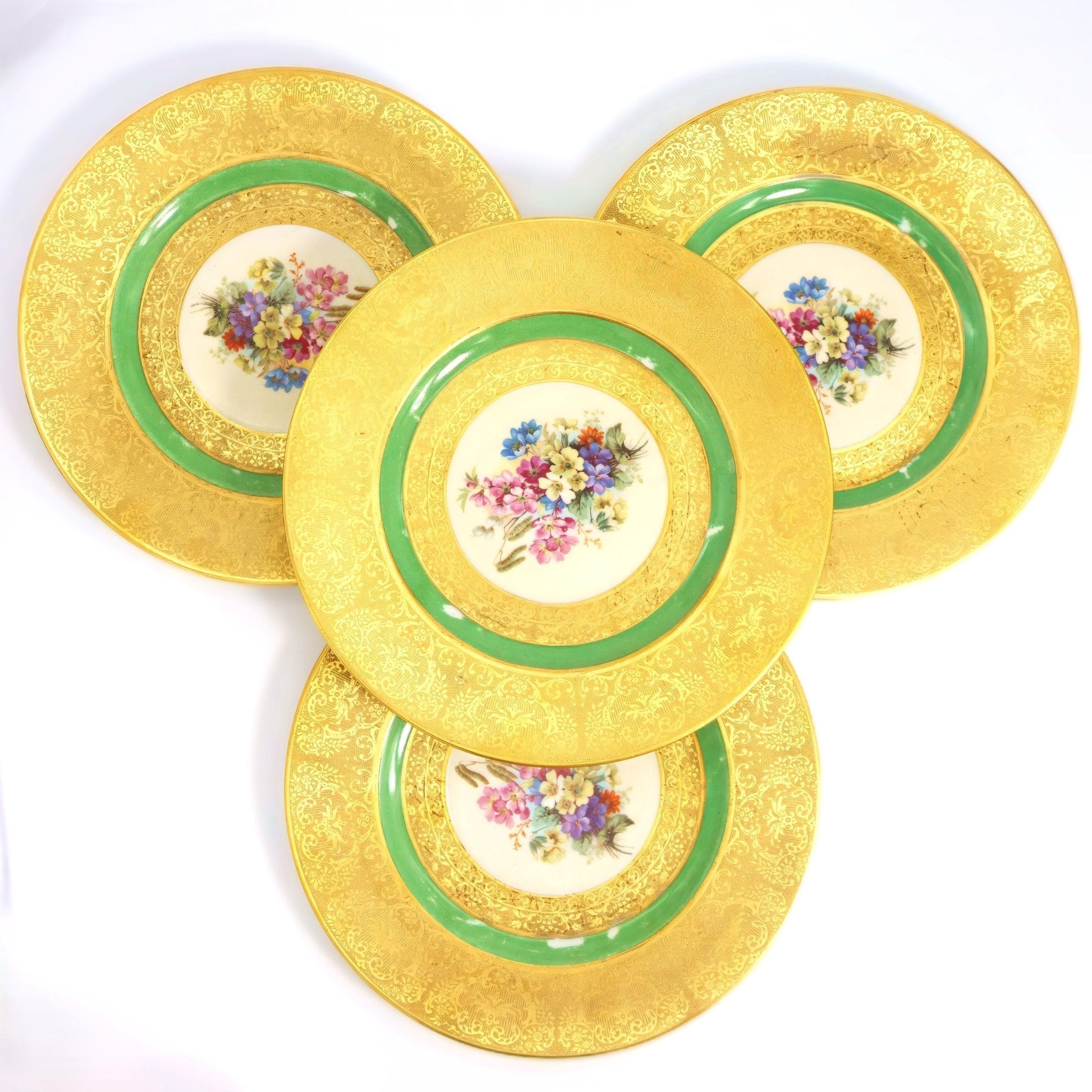 Royal Bavarian Hutschenreuther 1930s Art Nouveau Antique Dinner Plates for China Cabinet | Art Deco Hutschenreuther Selb Bavarian Green & Gold 22kt Antique China Set for 5 - China Cabinet Plate Set ClassyTea