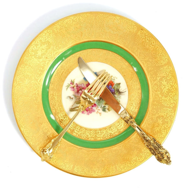 Royal Bavarian Hutschenreuther 1930s Art Nouveau Antique Dinner Plates for China Cabinet | Art Deco Hutschenreuther Selb Bavarian Green & Gold 22kt Antique China Set for 5 - China Cabinet Plate Set ClassyTea