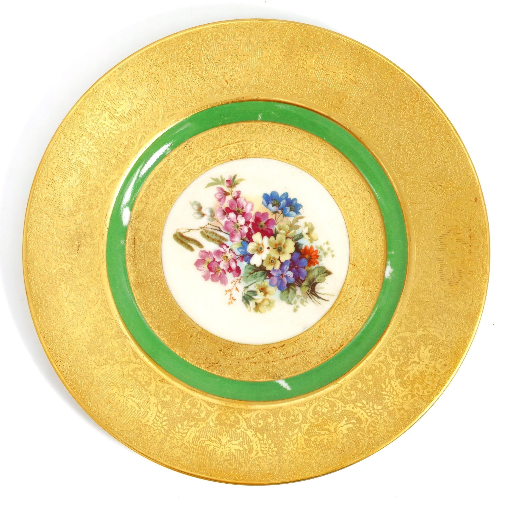 Royal Bavarian Hutschenreuther 1930s Art Nouveau Antique Dinner Plates for China Cabinet | Art Deco Hutschenreuther Selb Bavarian Green & Gold 22kt Antique China Set for 5 - China Cabinet Plate Set ClassyTea