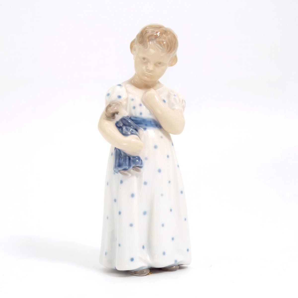 Royal Copenhagen 1920s Antique Porcelain Figurine Royal Copenhagen Girl Holding a Doll Figurine #3539 | Vintage Danish Statue Nursery Mussel Cobalt Scandi - Porcelain Figurine ClassyTea