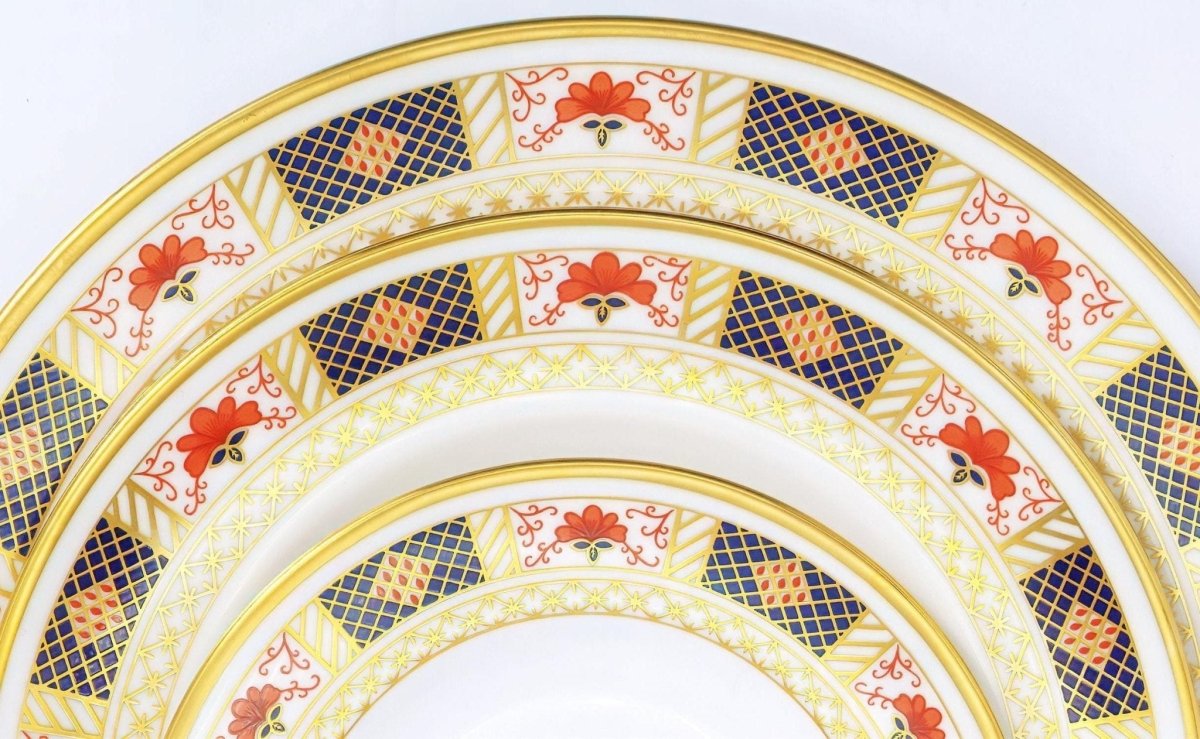 Royal Crown Derby Royal Crown Derby Derby Border China Set for 4 Vintage Porcelain Dinnerware 22kt Gold Gilded Cobalt Blue & Gold Dinner Plates Teacups Imari - China Set ClassyTea