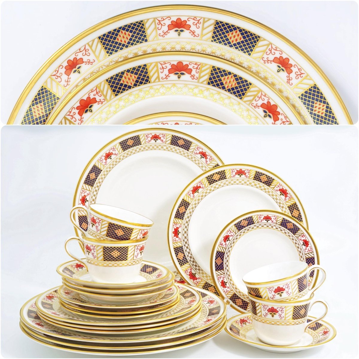 Royal Crown Derby Royal Crown Derby Derby Border China Set for 4 Vintage Porcelain Dinnerware 22kt Gold Gilded Cobalt Blue & Gold Dinner Plates Teacups Imari - China Set ClassyTea