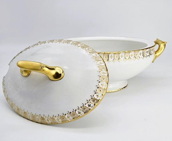Royal Crown Derby Royal Crown Derby Heraldic Gold Large Tureen with Serving Plate, Vintage Fine Bone China, Made in England Made in England, Discontinued - Porcelain Tureen ClassyTea
