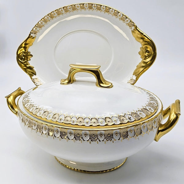 Royal Crown Derby Royal Crown Derby Heraldic Gold Large Tureen with Serving Plate, Vintage Fine Bone China, Made in England Made in England, Discontinued - Porcelain Tureen ClassyTea