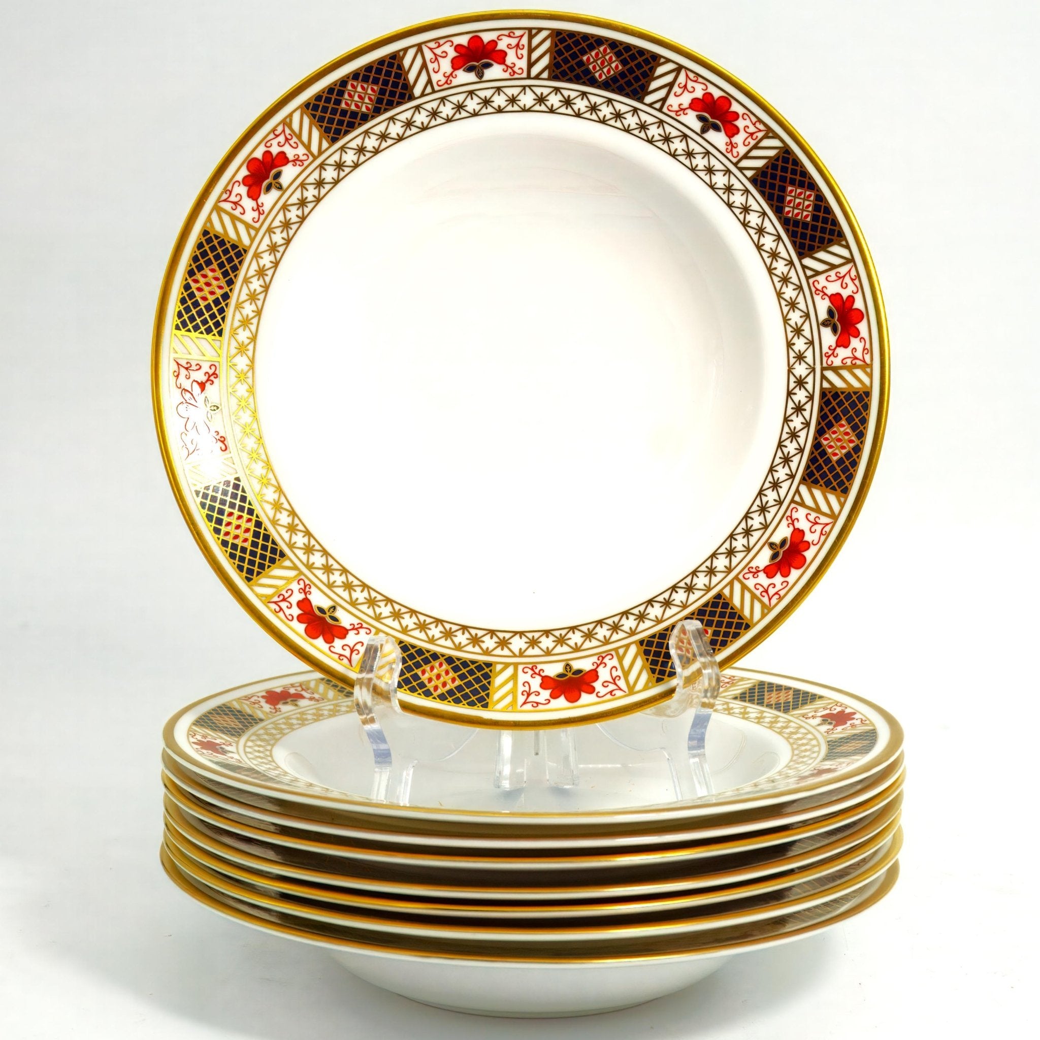 Royal Crown Derby Eight (8) Royal Crown Derby Derby Border Rimmed Soup Bowls Border 8.5" 22k Trim w/ Cobalt Red Gold Imari English Bone China Discontinued Set - Soup Bowl ClassyTea