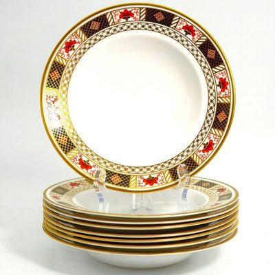 Royal Crown Derby Eight (8) Royal Crown Derby Derby Border Rimmed Soup Bowls Border 8.5" 22k Trim w/ Cobalt Red Gold Imari English Bone China Discontinued Set - Soup Bowl ClassyTea