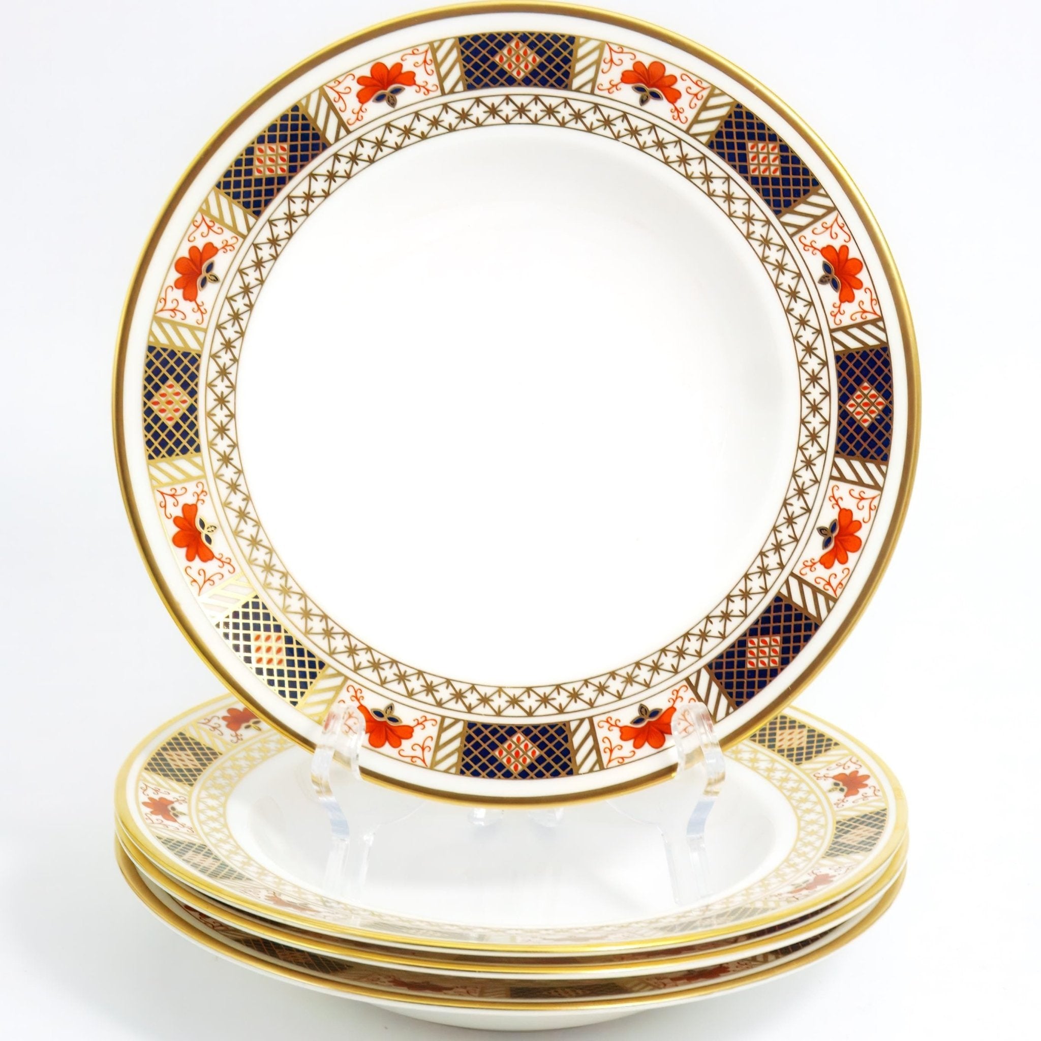 Royal Crown Derby Four (4) Royal Crown Derby Derby Border Rimmed Soup Bowls Border 8.5" 22k Trim w/ Cobalt Red Gold Imari English Bone China Discontinued Set - Soup Bowl ClassyTea