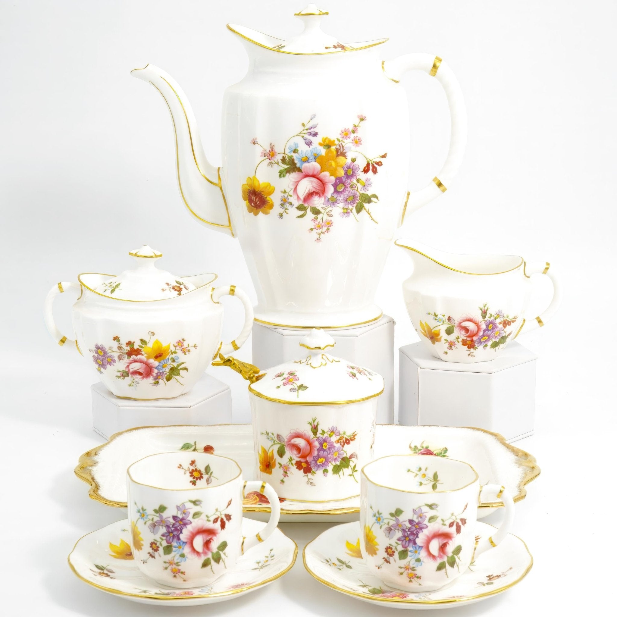 Royal Crown Derby Vintage 1960s Tea Set with Yellow Pink and Violet Floral China Tea Party Serveware Royal Crown Derby Royal Albert Espresso Cup Set Easter - Tea Set ClassyTea