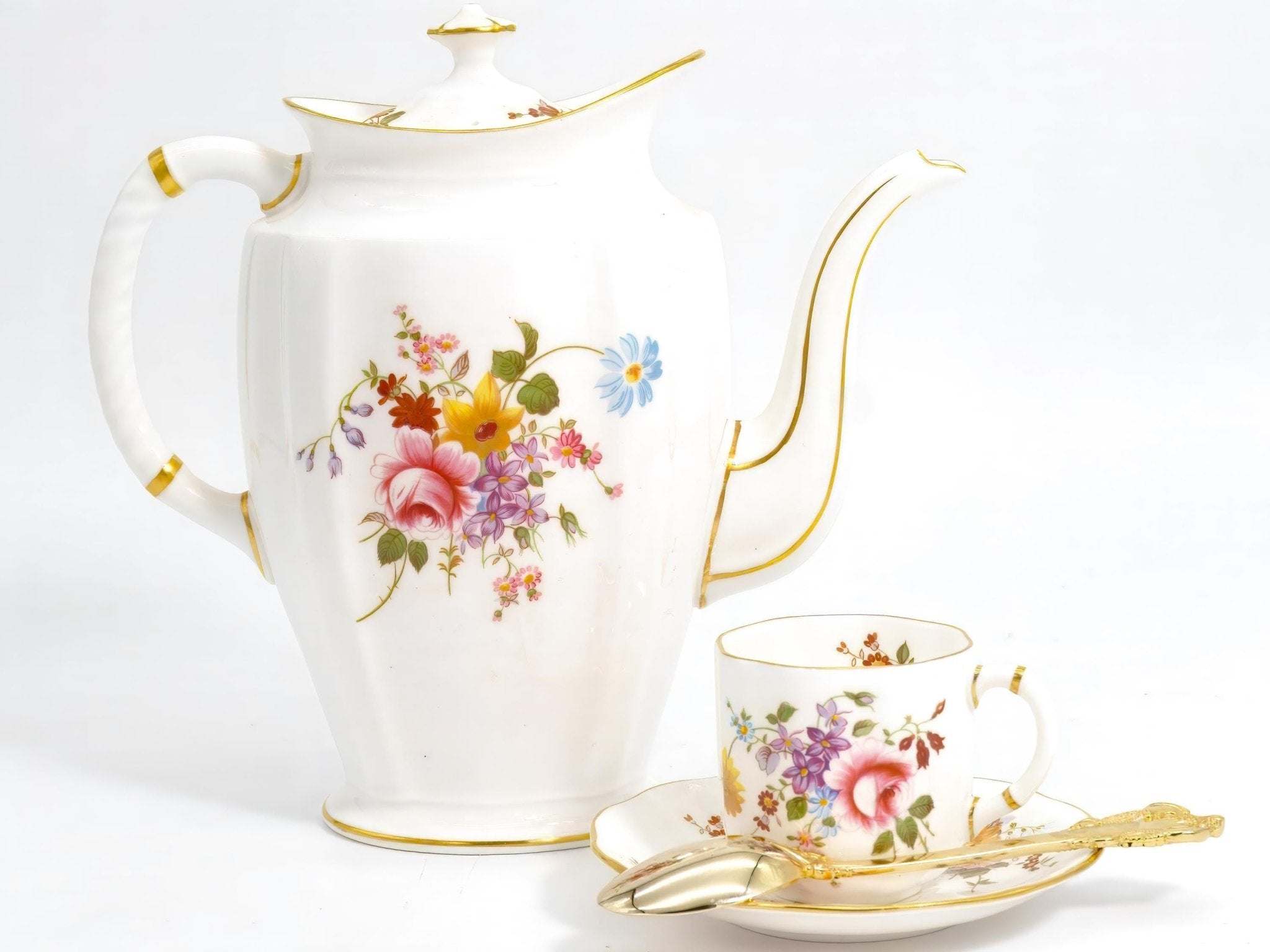 Royal Crown Derby Vintage 1960s Tea Set with Yellow Pink and Violet Floral China Tea Party Serveware Royal Crown Derby Royal Albert Espresso Cup Set Easter - Tea Set ClassyTea
