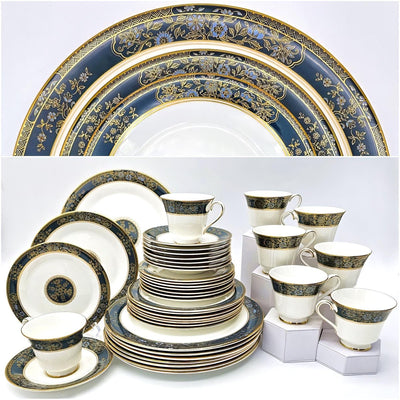 Royal Doulton Complete Royal Doulton Carlyle 40 - Piece China Set for 8, Blue Flowers, Gold Leaves, Teal Band, Dark Blue, Wedding Gift, Anniversary, Marine - China Set ClassyTea