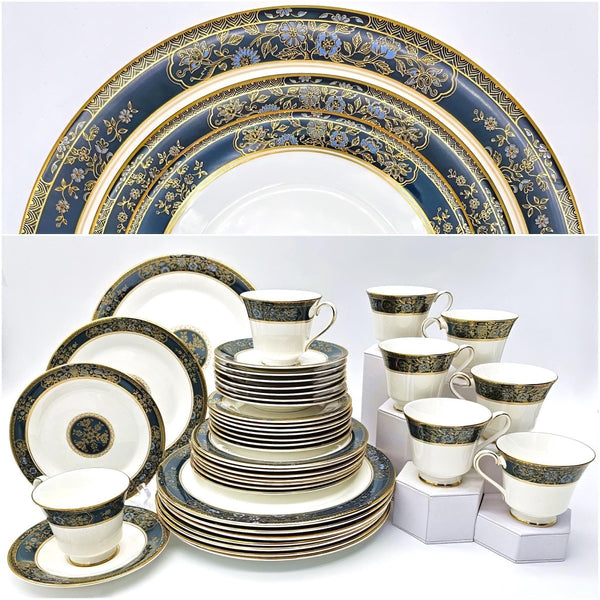 Royal Doulton Complete Royal Doulton Carlyle 40 - Piece China Set for 8, Blue Flowers, Gold Leaves, Teal Band, Dark Blue, Wedding Gift, Anniversary, Marine - China Set ClassyTea