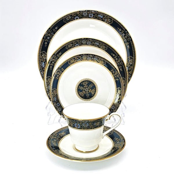 Royal Doulton Complete Royal Doulton Carlyle 40 - Piece China Set for 8, Blue Flowers, Gold Leaves, Teal Band, Dark Blue, Wedding Gift, Anniversary, Marine - China Set ClassyTea