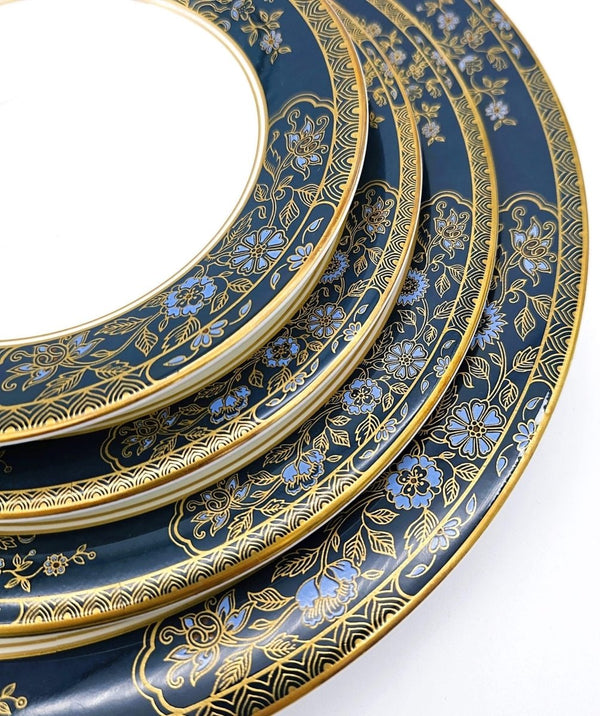 Royal Doulton Complete Royal Doulton Carlyle 40 - Piece China Set for 8, Blue Flowers, Gold Leaves, Teal Band, Dark Blue, Wedding Gift, Anniversary, Marine - China Set ClassyTea