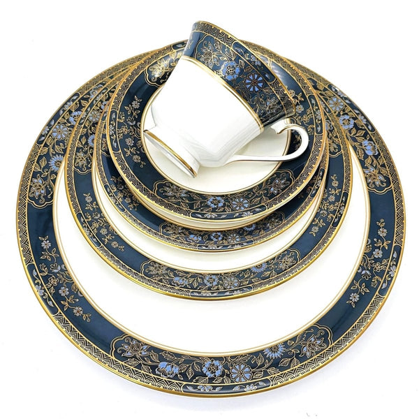 Royal Doulton Complete Royal Doulton Carlyle 40 - Piece China Set for 8, Blue Flowers, Gold Leaves, Teal Band, Dark Blue, Wedding Gift, Anniversary, Marine - China Set ClassyTea
