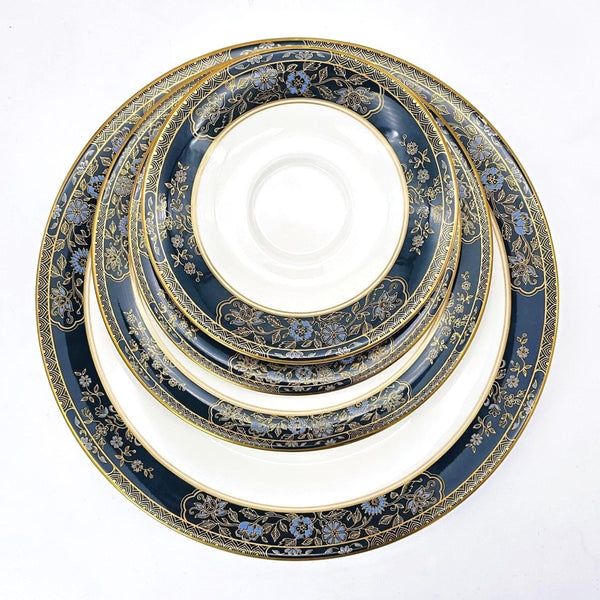 Royal Doulton Complete Royal Doulton Carlyle 40 - Piece China Set for 8, Blue Flowers, Gold Leaves, Teal Band, Dark Blue, Wedding Gift, Anniversary, Marine - China Set ClassyTea