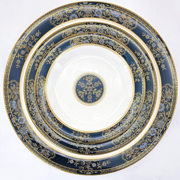 Royal Doulton Complete Royal Doulton Carlyle 40 - Piece China Set for 8, Blue Flowers, Gold Leaves, Teal Band, Dark Blue, Wedding Gift, Anniversary, Marine - China Set ClassyTea