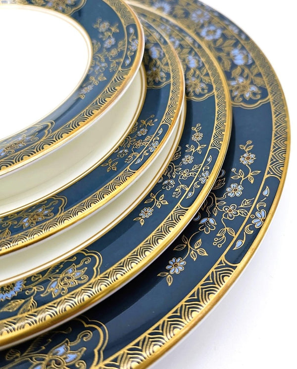 Royal Doulton Complete Royal Doulton Carlyle 40 - Piece China Set for 8, Blue Flowers, Gold Leaves, Teal Band, Dark Blue, Wedding Gift, Anniversary, Marine - China Set ClassyTea