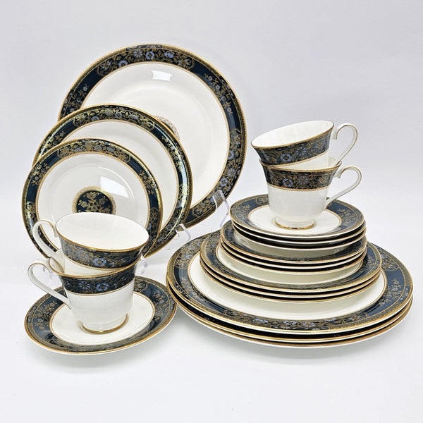 Royal Doulton Royal Doulton Carlyle 20 - Piece China Set, Set for 4, Blue Flowers, Gold Leaves, Teal Band, Christmas Dinnerware - China Set ClassyTea