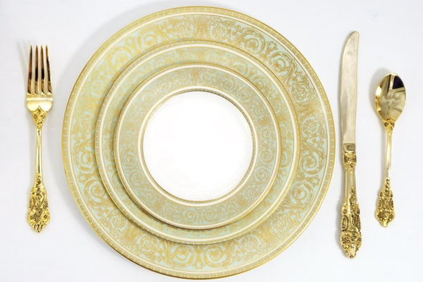 Royal Doulton Royal Doulton English Renaissance China Set for 8 | 1960s Dinnerware with Sage Green and Gold Dinner Plates Heirloom Gift for China Cabinet - China Set ClassyTea