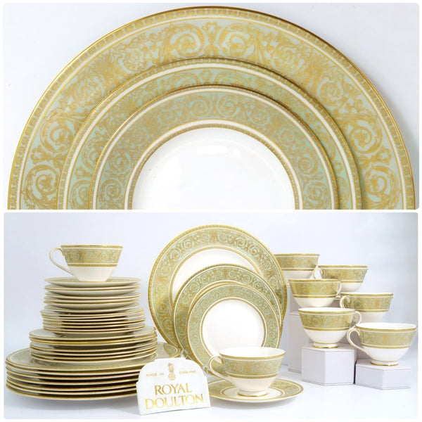 Royal Doulton Royal Doulton English Renaissance China Set for 8 | 1960s Dinnerware with Sage Green and Gold Dinner Plates Heirloom Gift for China Cabinet - China Set ClassyTea