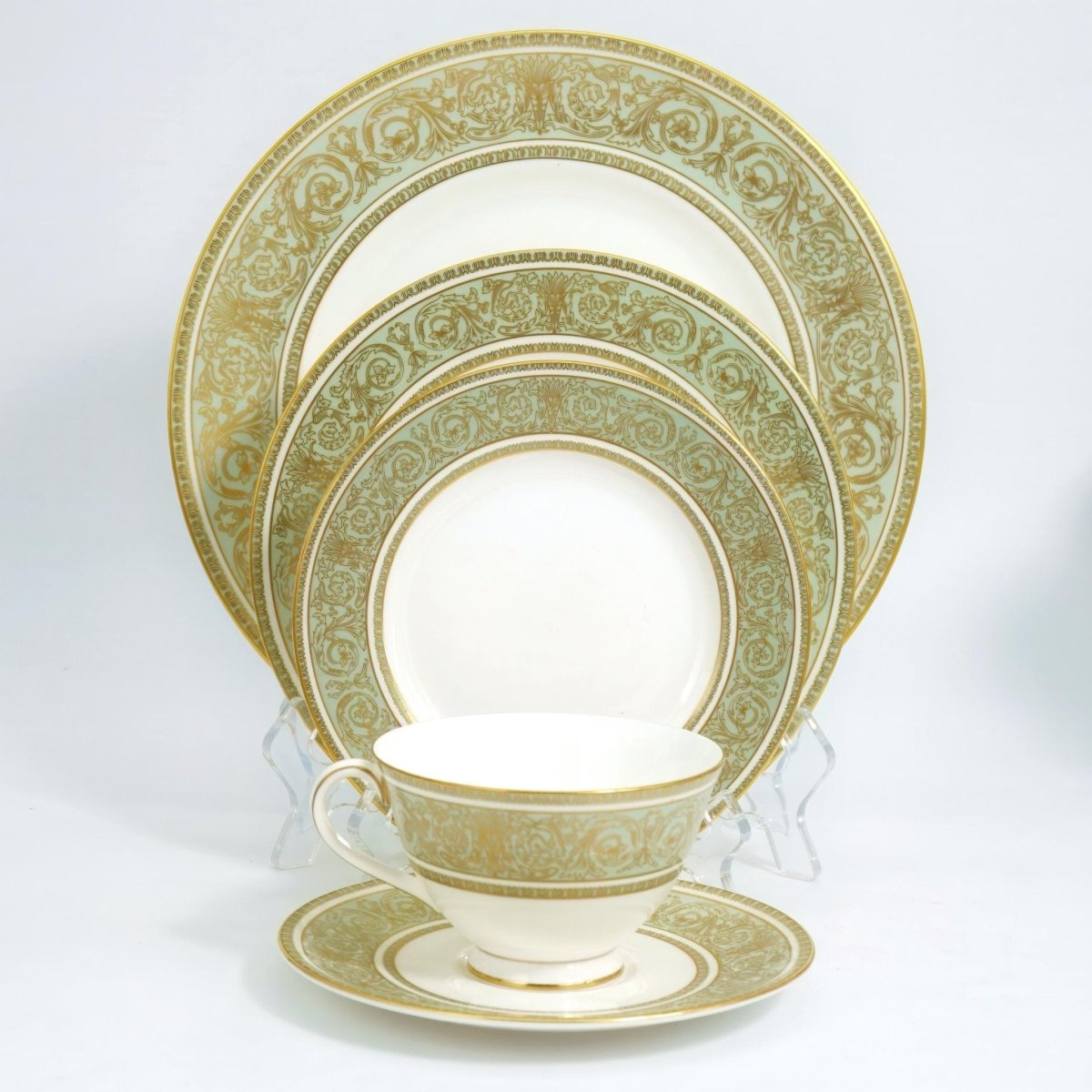 Royal Doulton Royal Doulton English Renaissance China Set for 8 | 1960s Dinnerware with Sage Green and Gold Dinner Plates Heirloom Gift for China Cabinet - China Set ClassyTea