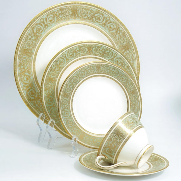 Royal Doulton Royal Doulton English Renaissance China Set for 8 | 1960s Dinnerware with Sage Green and Gold Dinner Plates Heirloom Gift for China Cabinet - China Set ClassyTea