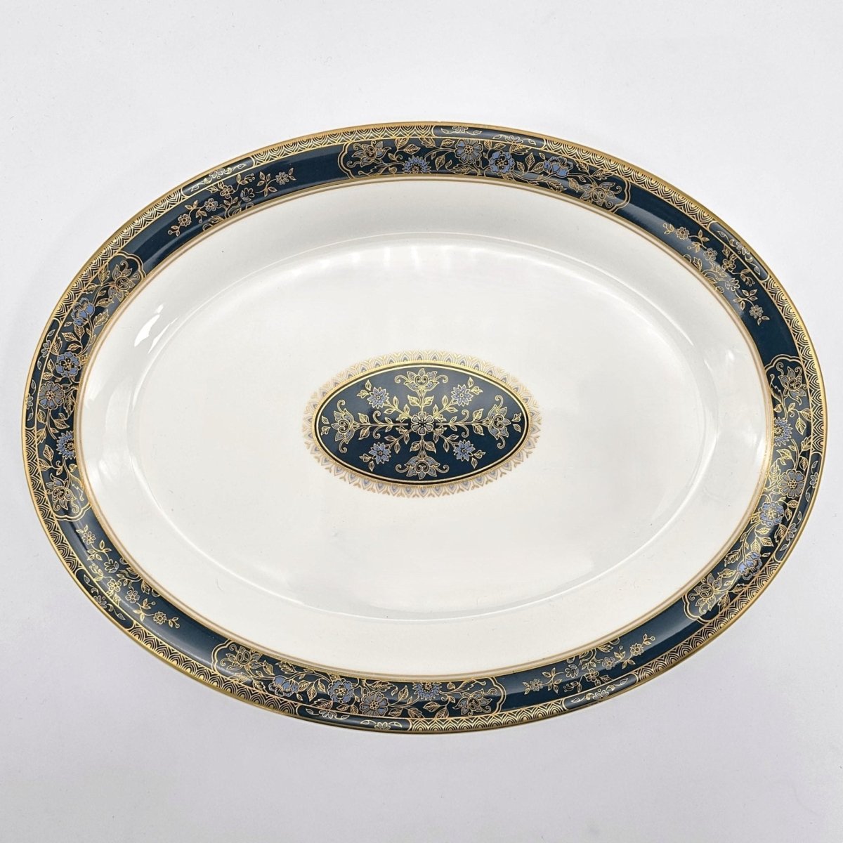 Royal Doulton Royal Doulton Carlyle 13" Oval Serving Platter – Elegant Bone, China, Blue Flowers, Gold Leaves, Teal Band, Christmas Dinnerware - Oval Serving Platter ClassyTea