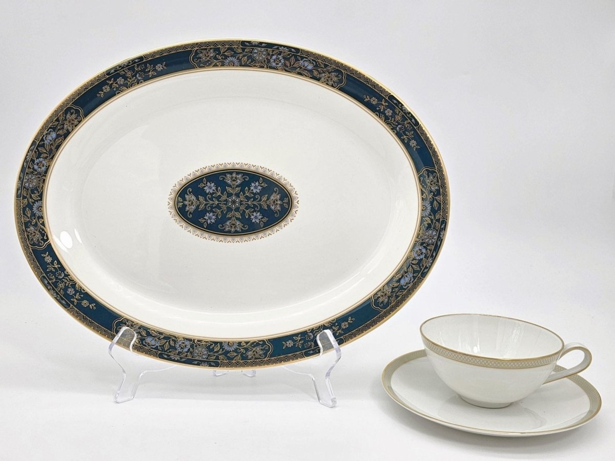 Royal Doulton Royal Doulton Carlyle 13" Oval Serving Platter – Elegant Bone, China, Blue Flowers, Gold Leaves, Teal Band, Christmas Dinnerware - Oval Serving Platter ClassyTea