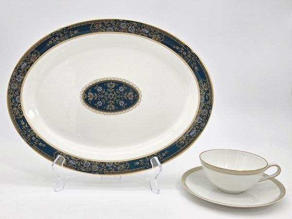 Royal Doulton Royal Doulton Carlyle 13" Oval Serving Platter – Elegant Bone, China, Blue Flowers, Gold Leaves, Teal Band, Christmas Dinnerware - Oval Serving Platter ClassyTea